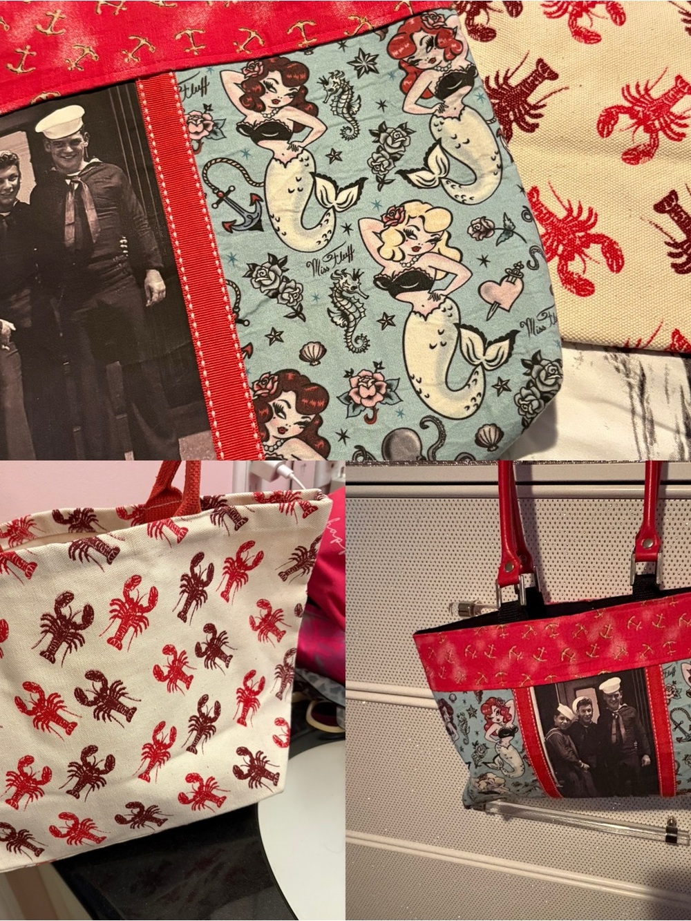 Canvas Redwith 🦞🧜‍♀️Nautical .. Tote Bag with sailors with Mermaid Print panel